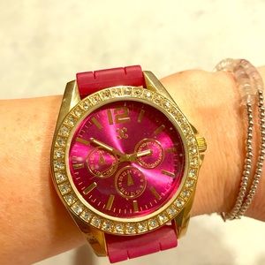 Pink watch with gold trim